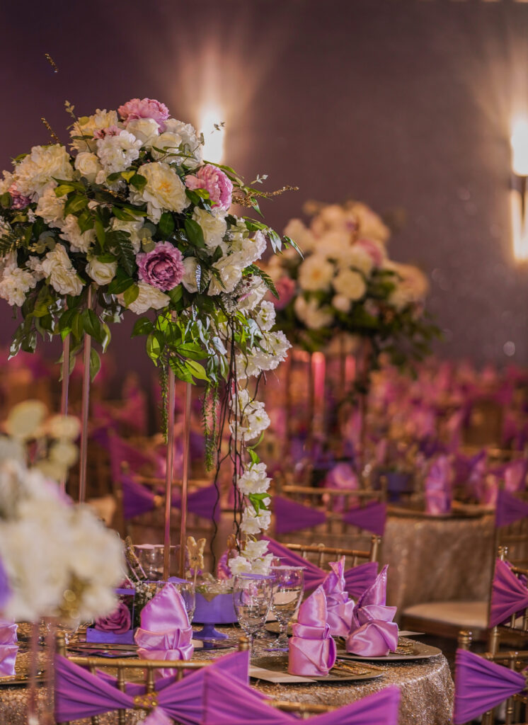 Elegant ballroom setup with premium decorations included in the Decor package from DFW Celebrations. Perfect for private events, weddings, and special occasions in our luxurious event venue and banquet hall.