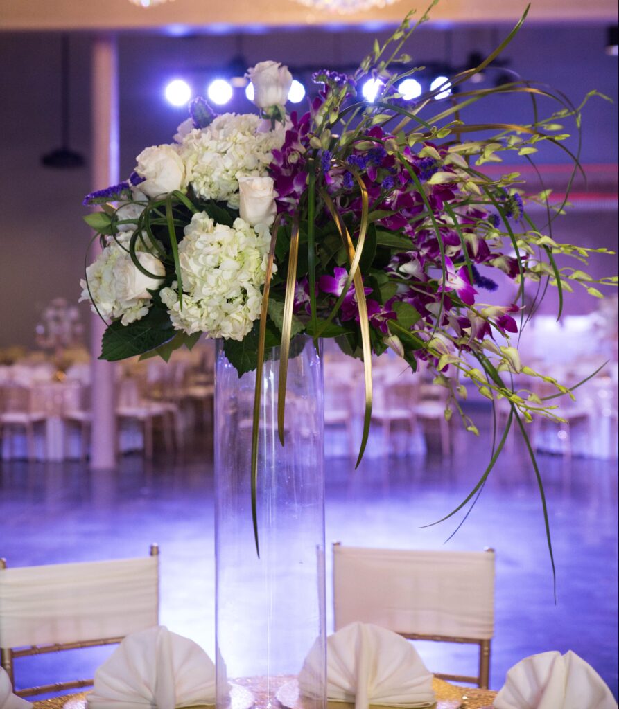 Elegant ballroom setup with premium decorations included in the Decor package from DFW Celebrations. Perfect for private events, weddings, and special occasions in our luxurious event venue and banquet hall.