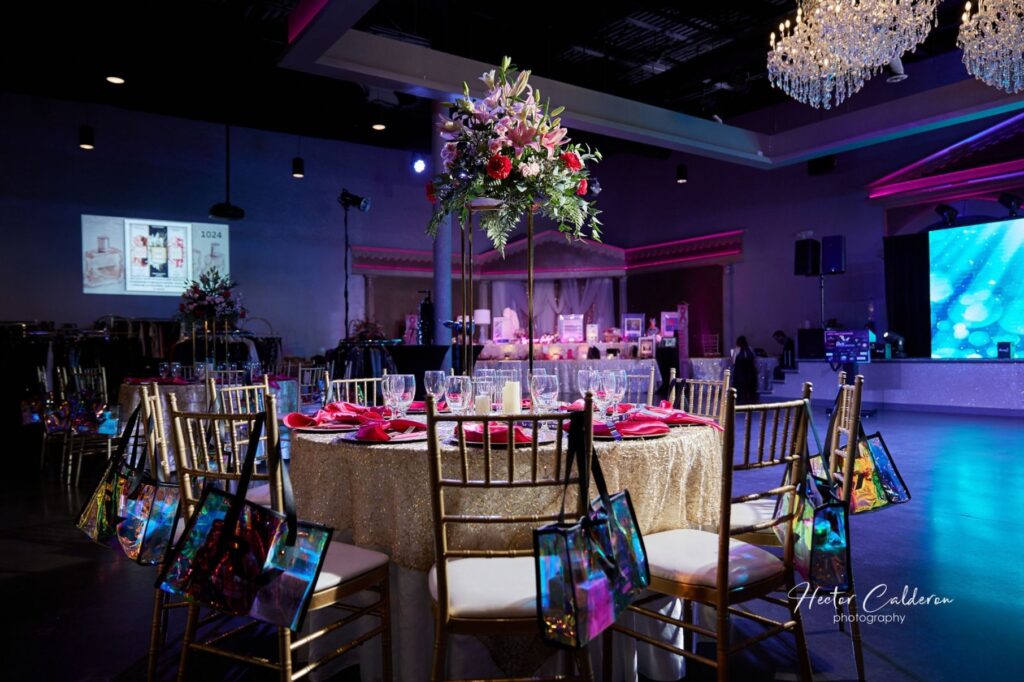 Elegant ballroom setup with premium decorations included in the Decor package from DFW Celebrations. Perfect for private events, weddings, and special occasions in our luxurious event venue and banquet hall.