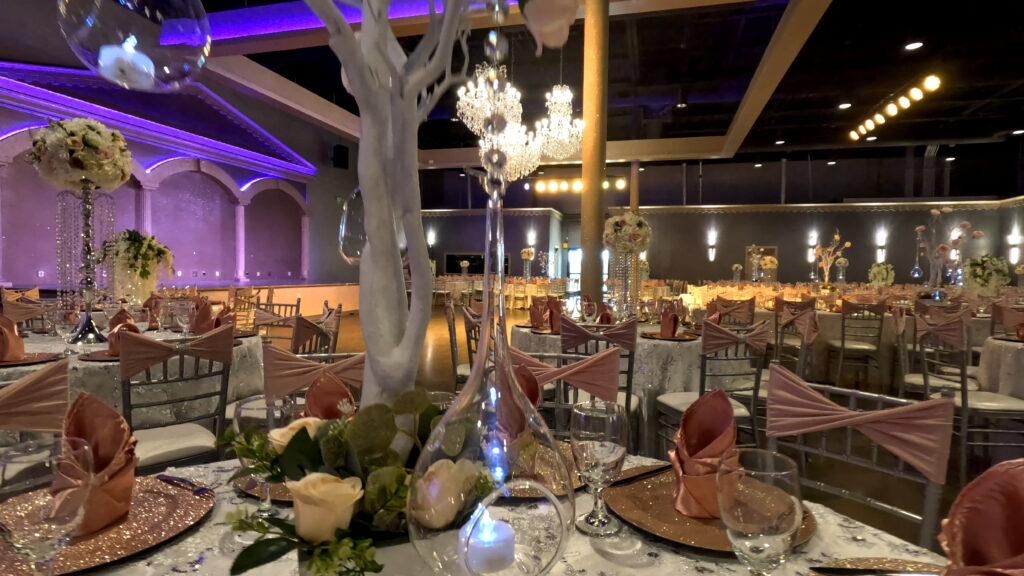 Elegant ballroom setup with premium decorations included in the Decor package from DFW Celebrations. Perfect for private events, weddings, and special occasions in our luxurious event venue and banquet hall.