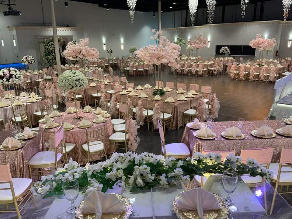 Elegant ballroom setup with premium decorations included in the Decor package from DFW Celebrations. Perfect for private events, weddings, and special occasions in our luxurious event venue and banquet hall.