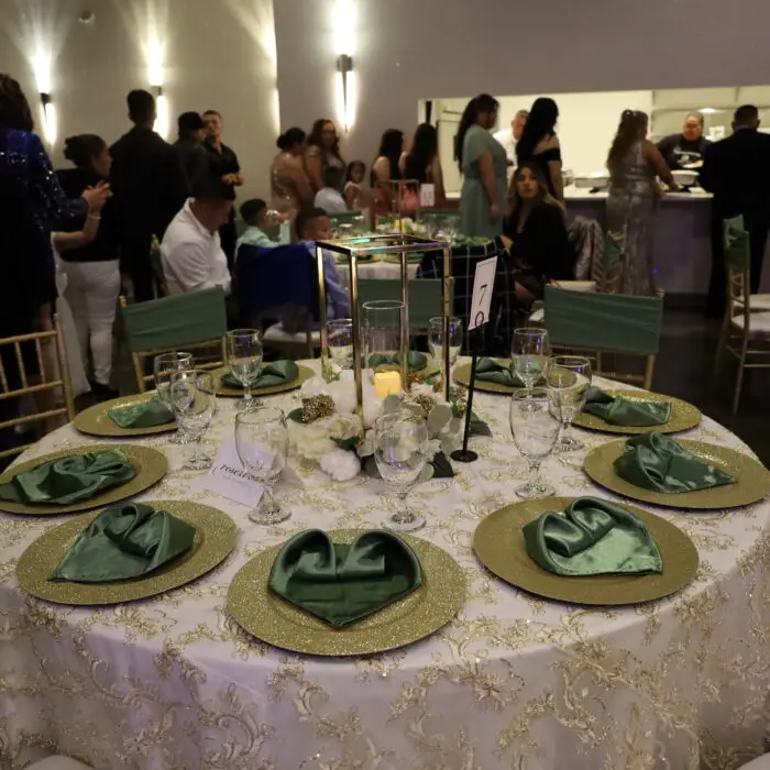 Wedding Reception, Wedding Venue, Full Bar, Amenities, Bride & Groom, Green and Gold color scheme, Tall centerpieces, white and cream flowers, Dinner Service Buffet From Kitchen