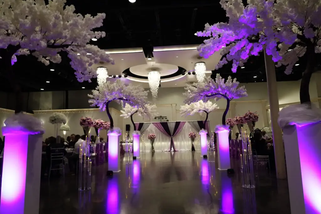 Beautifully decorated wedding ceremony setup in a ballroom at DFW Celebrations, featuring elegant decor and seating arrangements. Perfect for private events in a premier event venue and banquet hall