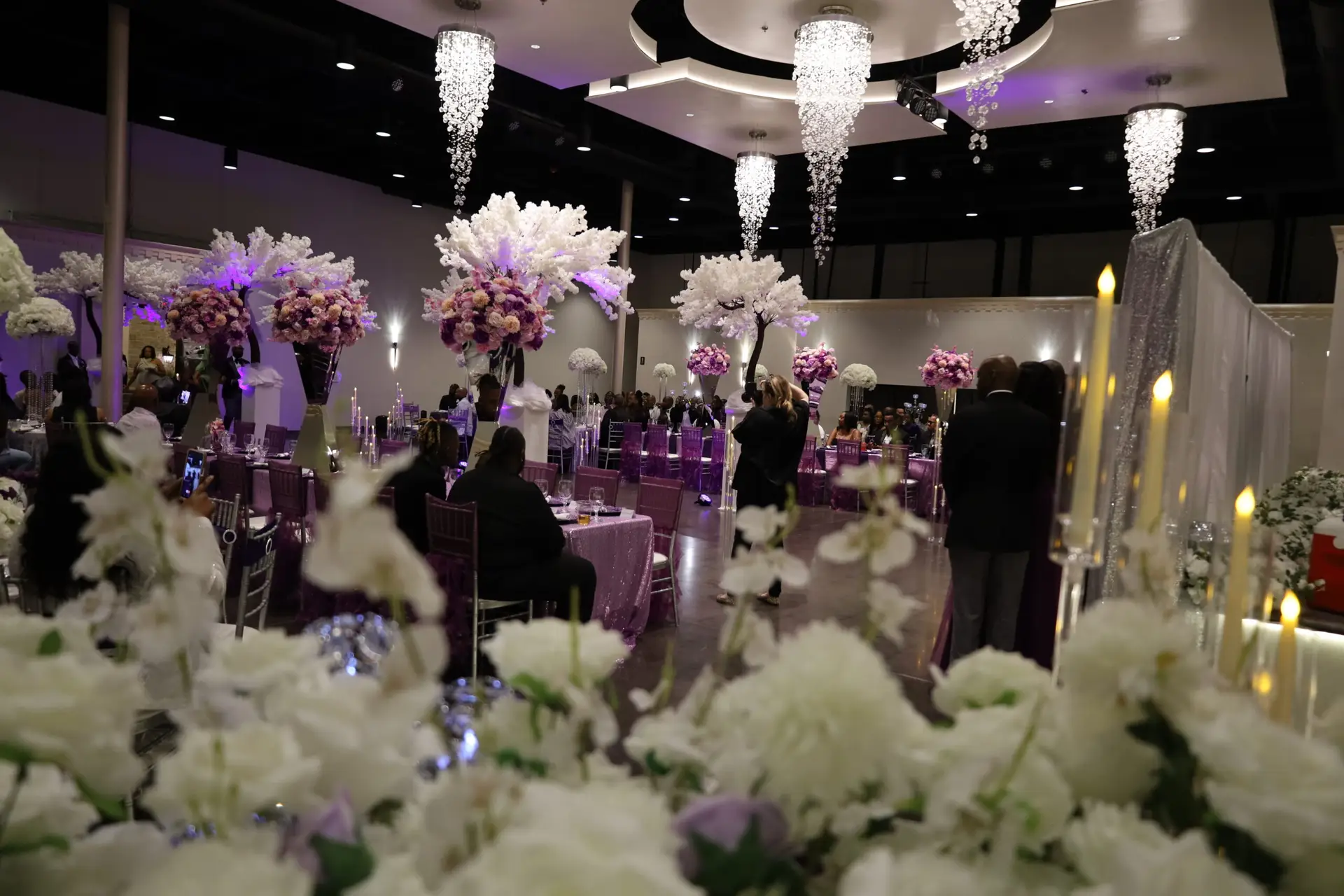 Beautifully decorated wedding ceremony setup in a ballroom at DFW Celebrations, featuring elegant decor and seating arrangements. Perfect for private events in a premier event venue and banquet hall