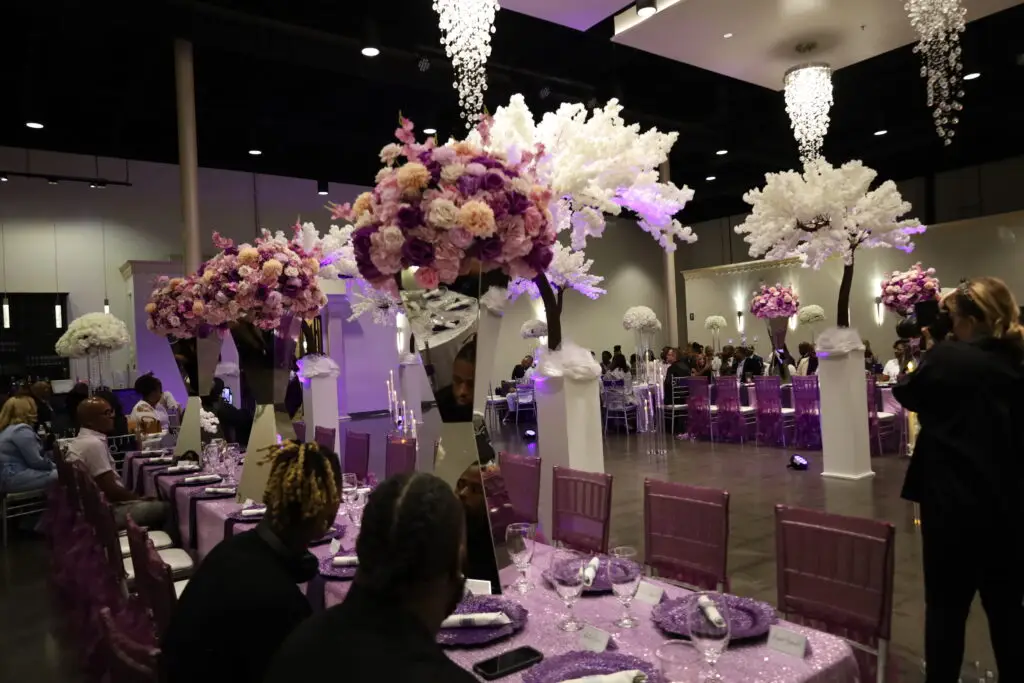 Beautifully decorated wedding ceremony setup in a ballroom at DFW Celebrations, featuring elegant decor and seating arrangements. Perfect for private events in a premier event venue and banquet hall