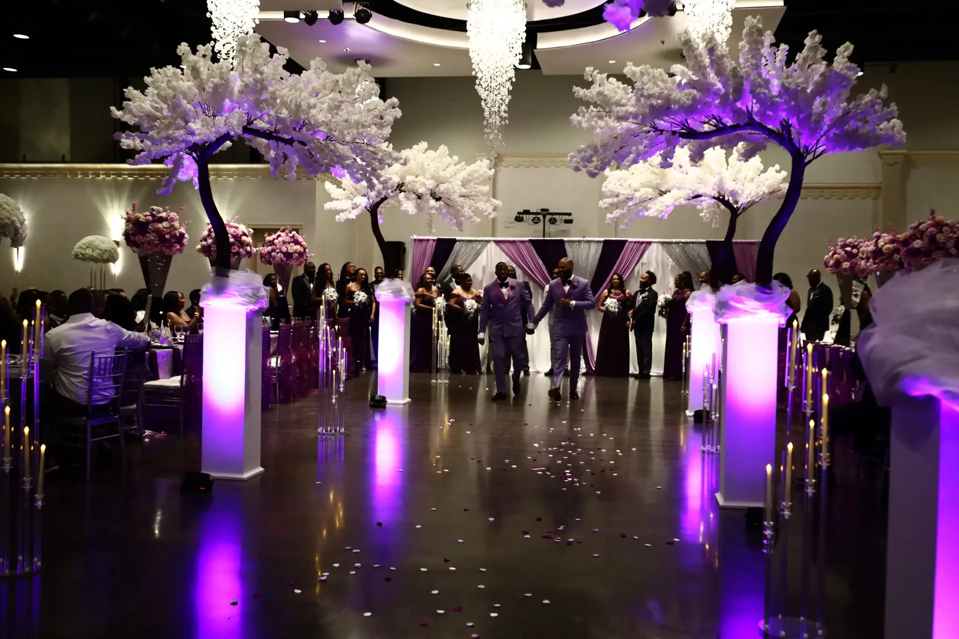 Beautifully decorated wedding ceremony setup in a ballroom at DFW Celebrations, featuring elegant decor and seating arrangements. Perfect for private events in a premier event venue and banquet hall