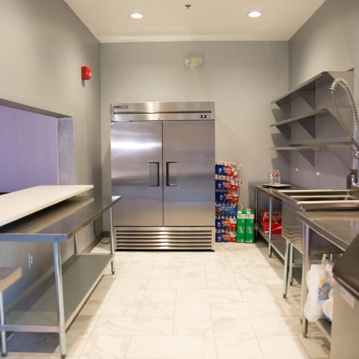 Prep Kitchen Equipped With Ice Machines, Commercial Grade Large Stainless Steel Refrigerators, Stainless Steel Shelves & Tables, Commercial Grade Dishwashing Sink With Extendable Spray Nozzle for easy Cleaning, Tile Floors with inlaid Drainage System.