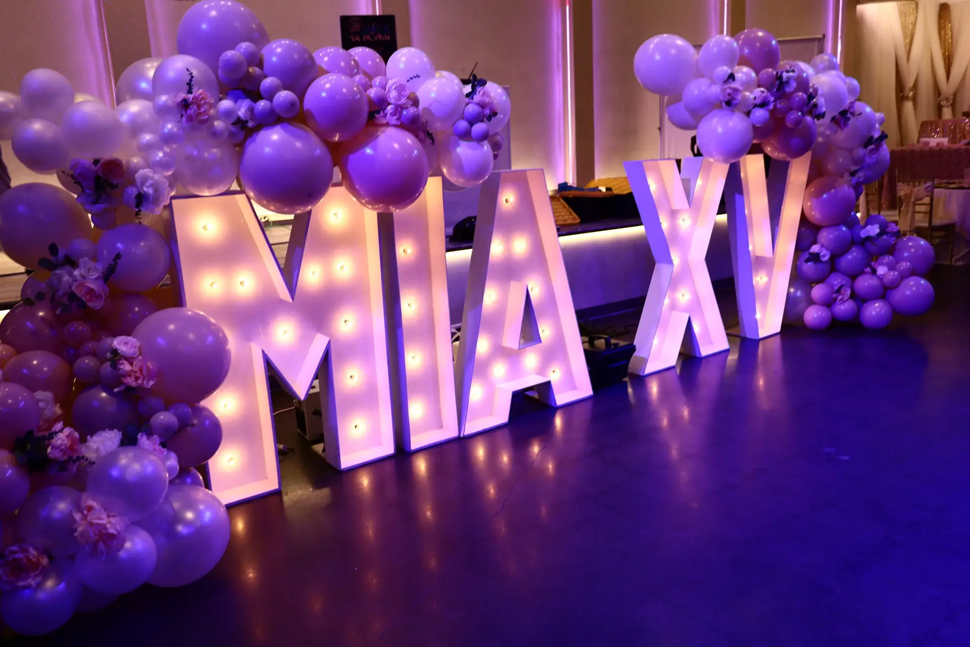 XV LED standing marquee letters glowing in warm white light, perfect for quinceañera or 15th birthday event decorations