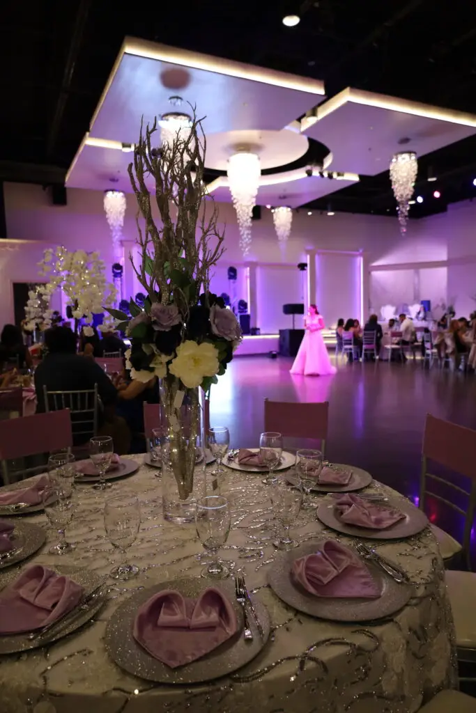 Beautifully decorated wedding ceremony setup in a ballroom at DFW Celebrations, featuring elegant decor and seating arrangements. Perfect for private events in a premier event venue and banquet hall.