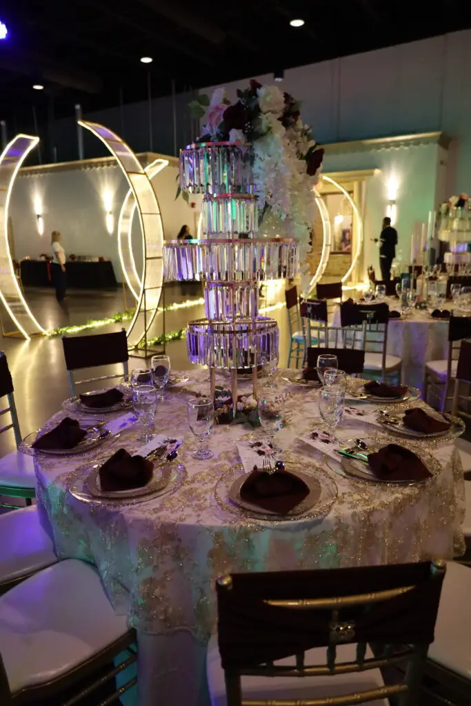 Beautifully decorated wedding ceremony setup in a ballroom at DFW Celebrations, featuring elegant decor and seating arrangements. Perfect for private events in a premier event venue and banquet hall.