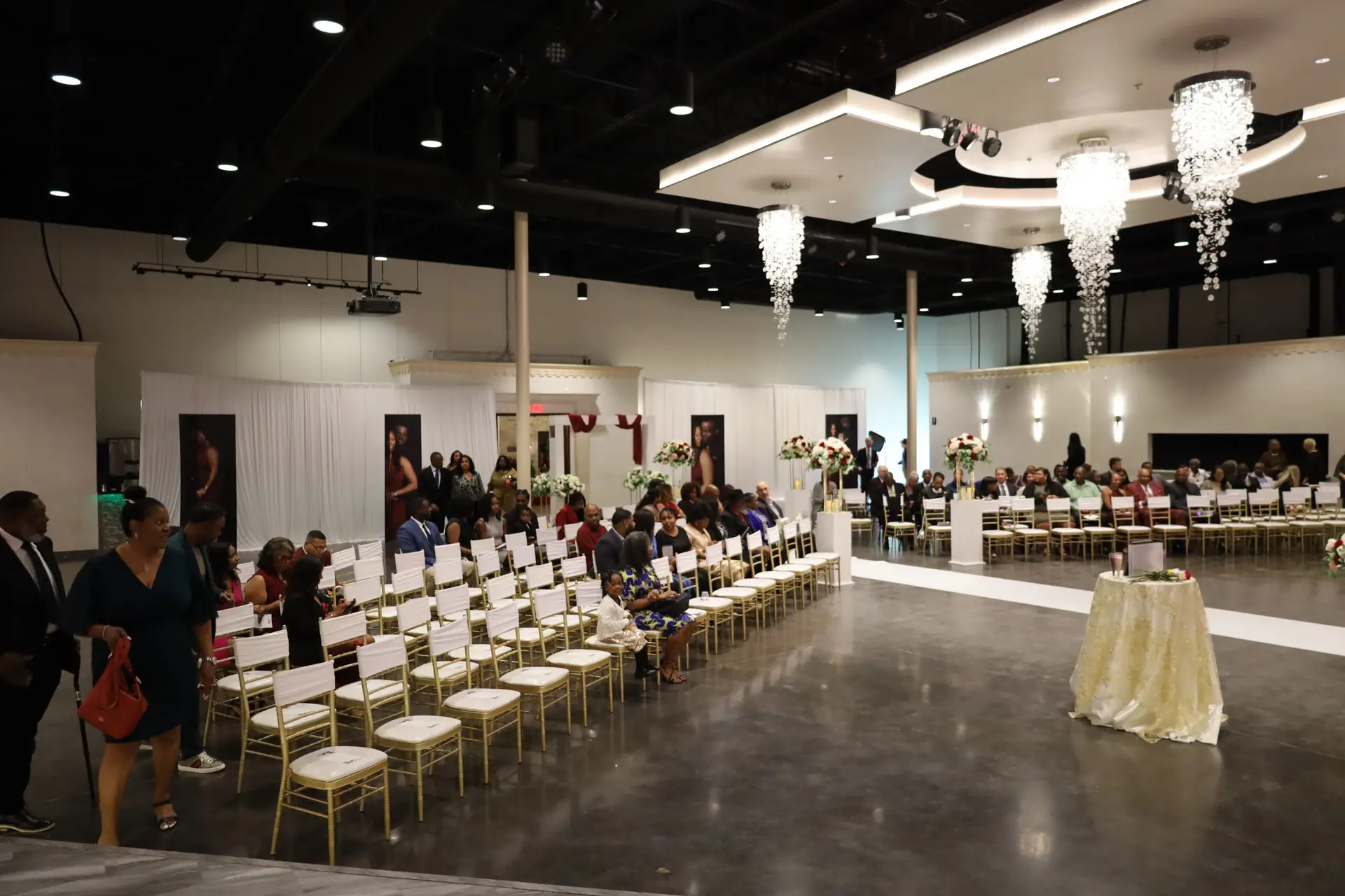 Beautifully decorated wedding ceremony setup in a ballroom at DFW Celebrations, featuring elegant decor and seating arrangements. Perfect for private events in a premier event venue and banquet hall.